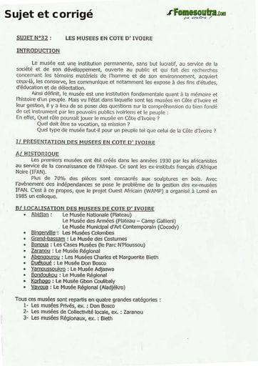 Sujet Corrigé de Dissertation: les Musées en Cote d'Ivoire