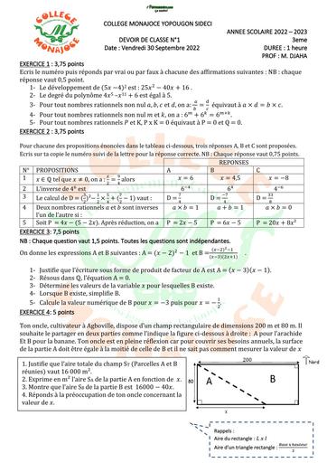 DEVOIR DE MATHS NIVEAU 3ieme  YOPOUGON 2023 BY TEHUA