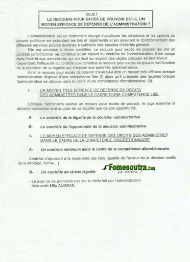 Sujet Corrigé: Le recours pour excès de pouvoir est-il un moyen efficace de défense de l'administration? ENA