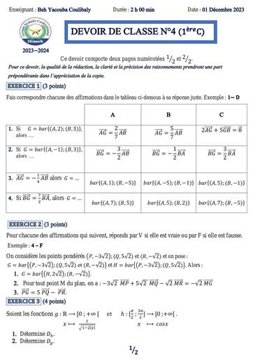 DEVOIR DE CLASSE Maths N°4 de 1ère C by Tehua