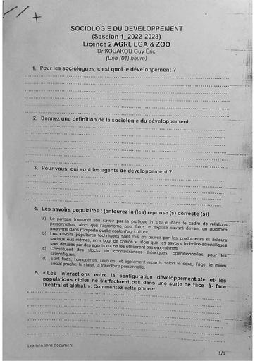 Sujet d'examen Sociologie du développement L2 AGRI, EGA et ZOO (UPGC/IGA)