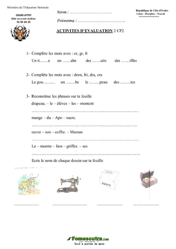 Evaluation (2) Vocabulaire niveau CP2 -  Cours Attey