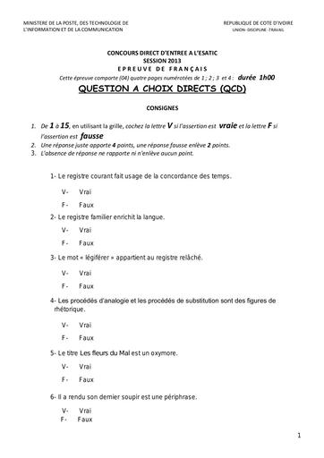 concours Esatic 2013 Sujet de Français Niveau Licence