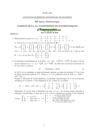 Corrigé 1ère épreuve de maths ISE option maths 2005 (ENSEA)