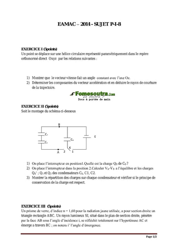 Sujet de Physique Concours EAMAC cycle Ingénieur session 2014