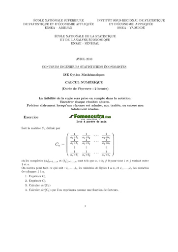 Sujet de Calcul numérique ISE option maths 2010 (ENSEA - ISSEA - ENSAE)