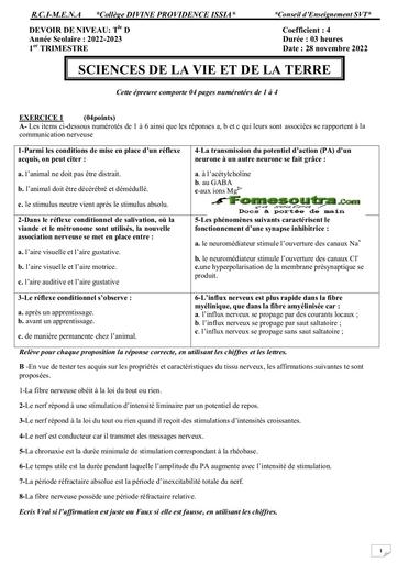 DEVOIR DE NIVEAU SVT TLE D COLLEGE DIVINE PROVIDENCE ISSIA 2023