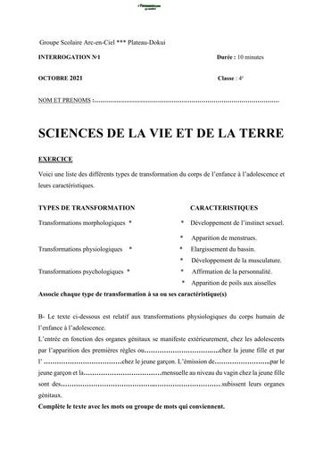 INTERRO DE SVT NIVEAU 4ième 2023 N°2 TRIMESTRE 2 ARC EN CIEL BY TEHUA