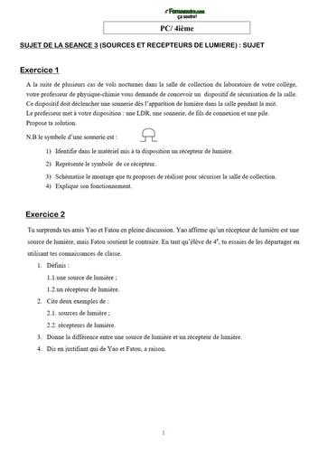 COURS DE VACANCES PC 4ième SUJET 3 (SOURCES ET RECEPTEURS DE LUMIERE) by TEHUA