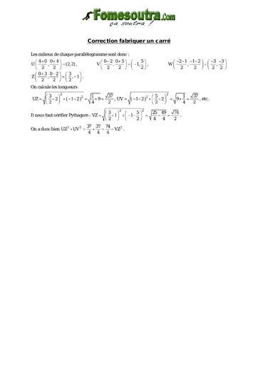 Corrigé Fabriquer un carré - Maths niveau 2nd C