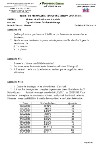 Organisation et Gestion de Garage BTS blanc 2017 - Filières Moteur et Mécanique Automobile