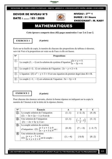 DEVOIR DE MATHS NIVEAU 3ième N°3 (Equation d'une droite  Statistique 2025 2026)  BY TEHUA
