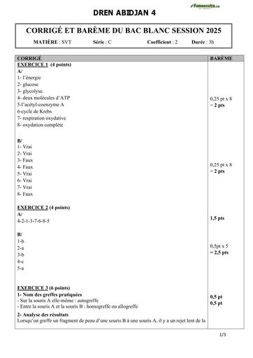 BAC blanc régional 2025 dren Abidjan 4 SVT CORRIGE ET BAREME SERIE C BY TEHUA