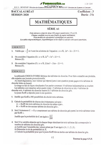 Sujet de Maths BAC A1 2020