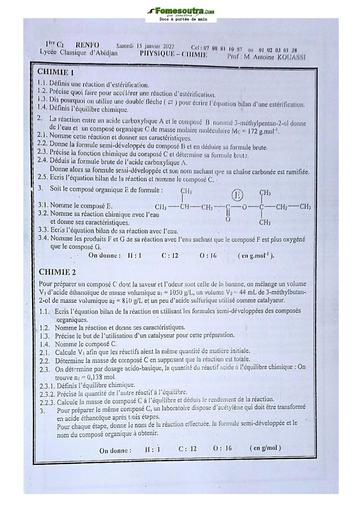 Sujet de Physique-Chimie Première C Lycée Classique Abidjan 2021-2022