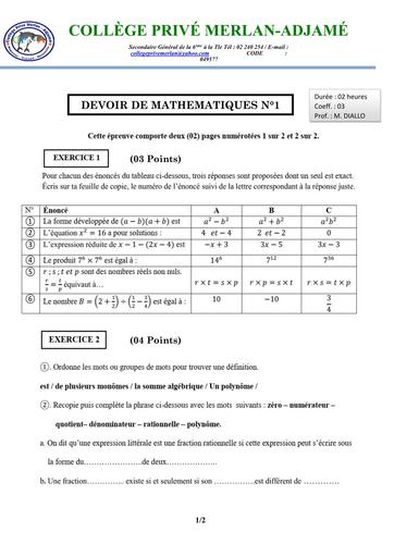 DEVOIR DE MATHS N°1 NIVEAU 3ième MERLAN Octobre 2025 (CALCUL LITTERAL) by TEHUA
