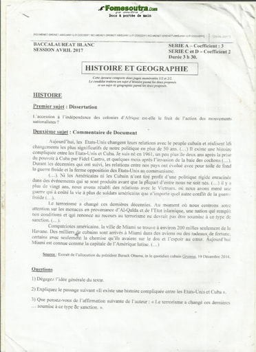 Sujet Histoire-Géographie BAC blanc série A, C et D 2017 - DREN Abidjan 1 - UP Cocody 1