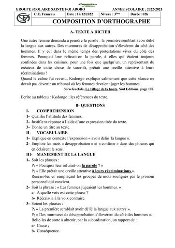 Sujets de composition française Niveau Troisième Collège Sainte Foi Abidjan