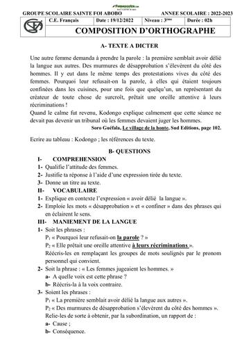 Sujets de composition française Niveau Troisième Collège Sainte Foi Abidjan