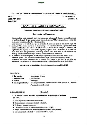 BEPC SEESION 2025 ZONE 3 SUJET LV2 ESPAGNOL Côte d'Ivoire (SUJET+BAREME) BY TEHUA