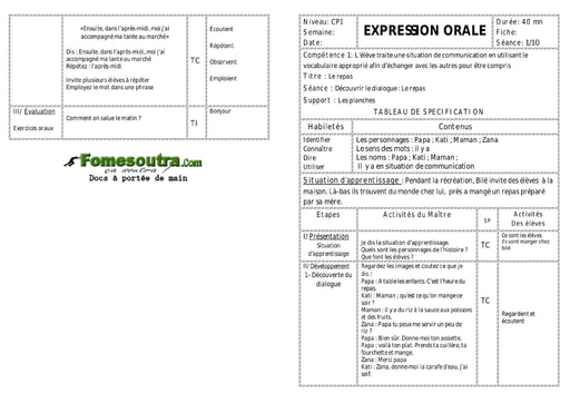 Le repas - Fiche pour enseignant CP1