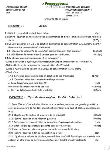 Devoir de Chimie niveau 2nd C - Lycée bilingue de Buea - 2011