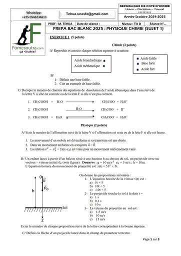 PREPA BAC BLANC 2025 PHYSIQUE CHIMIE (SUJET 1) BY TEHUA