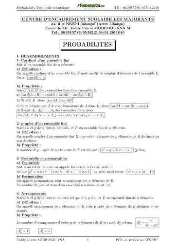 COURS DE MATHS Tle C PROBABILITES BY TEHUA