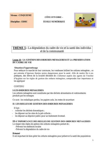 EDHC 5ème L 14 LA GESTION DES ORDURES MENAGERES ET LA PRESERVATION DU CADRE DE VIE Copie