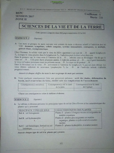 Sujet corrigé et barème SVT BEPC 2017 Zone 2