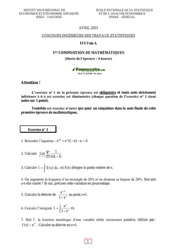 Sujet et Corrigé 1ère épreuve de maths ITS A 2015 (ENSAE - ISSEA)