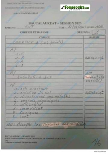Barème Svt série D bac 2023