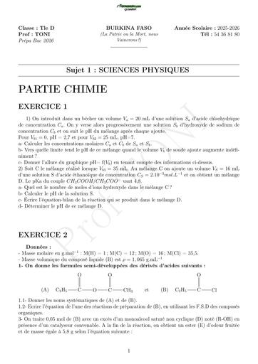 PREPA BAC 2026 PC SERIE D BURKINA FASO PROF TONI BY TEHUA