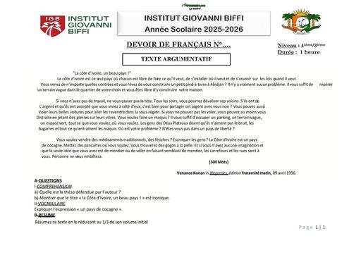 DEVOIR DE FR N°1 4ième 3ieme (TEXTE ARG 1) INSTITUT GIOVANNI BIFFI Octobre 2025 by TEHUA