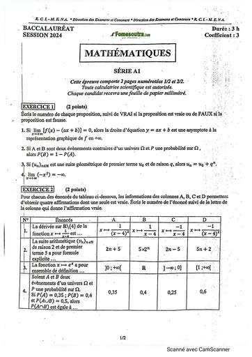 SUJET ET BARÊME DE MATHS TleA1 et A2 BAC CI 2024 BY TEHUA