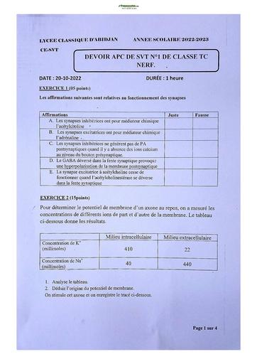 Sujet de SVT Terminale D Lycée Classique Abidjan 2022-2023