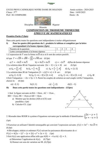 SUJET MATHS 3ième TRIMESTRE 3 LPCND DE SOLENZO  2025 BY TEHUA