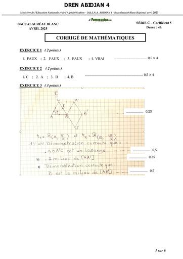 BAC blanc régional 2025 dren Abidjan 4 MATHS CORRIGE ET BAREME SERIE C BY TEHUA