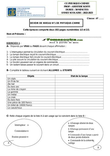 DEVOIR DE NIVEAU PC 6EME 2023 ZONE KOUMASSI