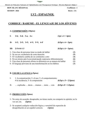 BEPC BLANC MARS 2026 DRENA ABIDJAN 4 SUJET LV2 ESPAGNOL (BAREME) by TEHUA
