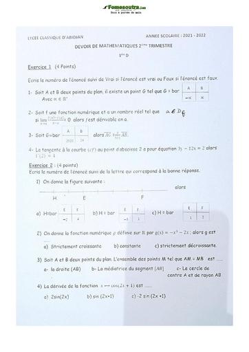 Sujet de Mathématique Première D Lycée Classique Abidjan 2021-2022