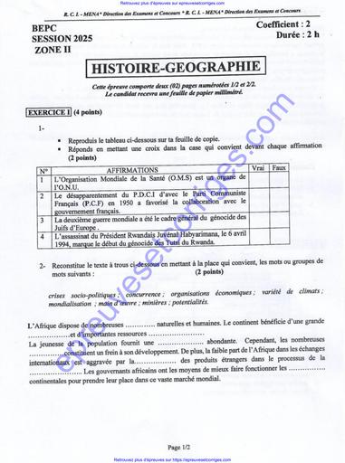 Preuve et Corrigé d’Histoire Géographie – BEPC Session 2025 Zone 2