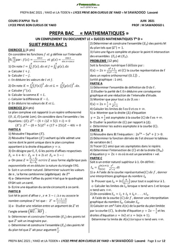 PREPA BAC 2021 Sujet de Mathématiques