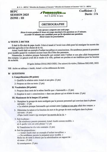 Sujet corrigé et barème d'Orthographe BEPC 2025 zone 3