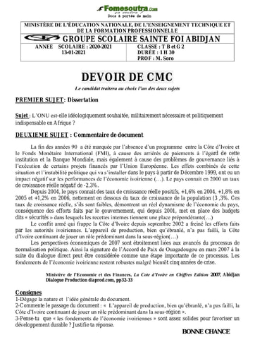 Devoir de CMC niveau Terminale B et G2 - Groupe Scolaire Sainte Foi Abidjan
