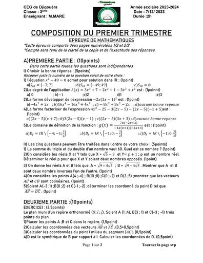 SUJET MATHS 3ième TRIMESTRE 1 CEG DE DJIGOUERA 2023 BY TEHUA