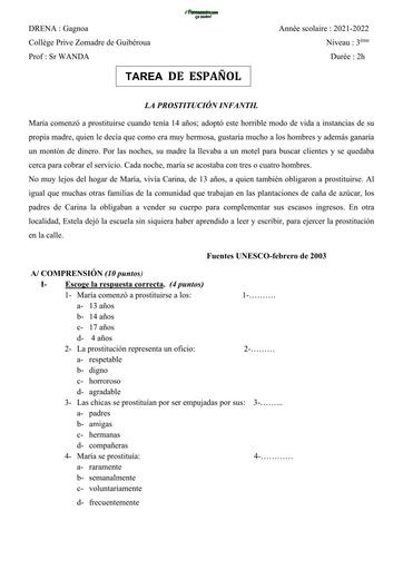 DEVOIR D'ESPAGNOL NIVEAU 3ème LM BAD 21 22 by TEHUA