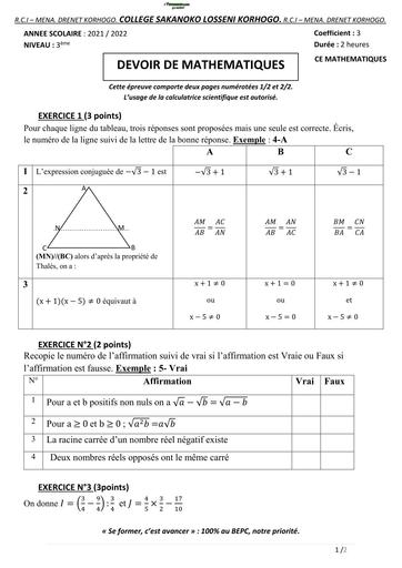 DEVOIR DE NIVEAU N°2 MATHS 3ième TRIMESTRE 1 2022 BY TEHUA