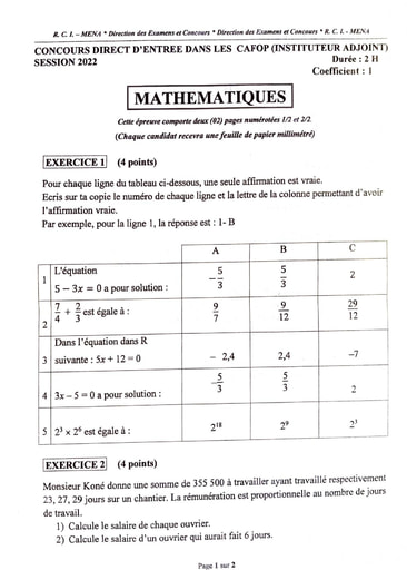 CAFOP (INSTITUTEUR ADJOINT ) MATHÉMATIQUES SESSION 2022