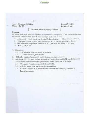 Sujet Terminale D PC Lycée Classique Abidjan 2021-2022